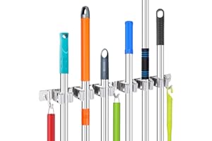 Hejo Colgador Escobas y Fregonas, Soporte Escobas Pared Acero Inoxidable de Pared con 6 Posiciones y 3 Ganchos, Organizador Colgador de Fregonas para Cocina, Baño, Garaje, Jardín