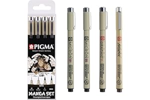 SAKURA Pigma Manga Set de 4 Sépia | Encre permanente, résistante à l'eau, tailles variées | Stylos pour dessins BD et illustrations