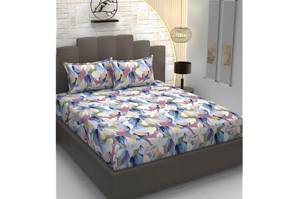TIB Glace Cotton Elastic Fitted Bedsheets Double Bed 72x78x8 Inches with 2 Pillow Covers, 210TC (Blue Flower)