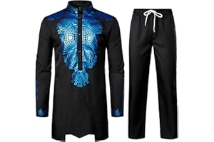 LucMatton Ensemble africain 2 pièces pour homme manches longues Imprimé Dashiki et pantalon Doré Costume traditionnel