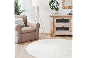 ‎INTERIYOU Interiyou Fargo - Teppich Wohnzimmer 80x80 cm Rund Creme - Kurzflor Waschbar und rutschfest - Flauschiger Fellteppich aus Kunstfell - weicher Langflor Fell