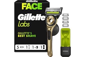GilletteLabs Razor for Men, Champion Gold Edition, 1 Handle & Travel Case - 5 Blades Refills, Exfoliating Bar, Wall Hanger, C