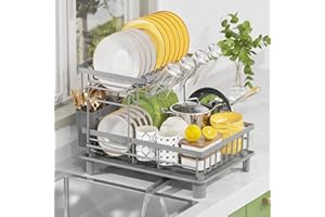 LIONONLY 2 Livelli Grandi Scolapiatti da Lavello con Drenaggio Automatico, Acciaio Inossidabile Sgocciolatoio con Ugello a Spirale e Portaposate e Portabicchieri,Scolapiatti da Appoggio