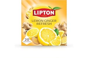 Lipton Lemon Ginger Refresh Fruit Infusion Herbal Tea Bags, 20 Plant-Based Pyramid Bags, Caffeine-Free, Natural Flavours.