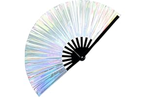 SOJOURNER BAGS Holographischer Rave-Fan – Pride Fan und Festival Fan – Großer faltbarer Fächer für Festivals, Drag Queen, Regenbogen & Pride Outfits für Frauen & Rave Accessoires – Clack Fan Handfächer Silber