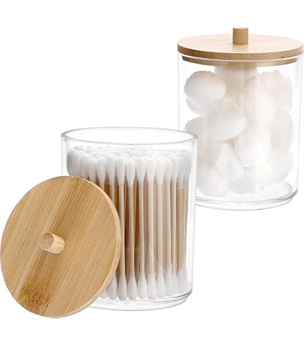 banjiabb Wattestäbchen Behälter,Wattestäbchen Spender,Wattestäbchen Box,Ohrenstäbchen Aufbewahrung Mit Bambus Deckel,Acryl Wattepads Aufbewahrung Fur Wohnzimmer Schlafzimmer Badezimmer