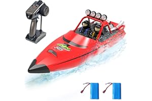 Hitish RC Boat for Kids Adults 2.4GHz Remote Control Boats with LED Light for Pool Lakes Water, 20MPH Fast Speed Racing Jet Boat Toy for Boys Girls, 2 Rechargeable Batteries 40+ Mins, Red
