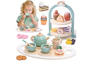 Atoylink Wooden Tea Set for Toddlers Girls, Pretend Play Tea Party Set with Dessert Play Food Toys Wooden Kitchen Accessories Princess Tea Time Gift for Kids Girls 3 4 5 6 7 Years (Green)
