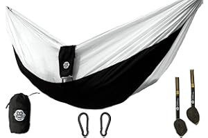 Monkey Swing Reise-Hängematte Ultra Light (275 x 140 cm) Set mit 2X Schwerlastgurt + 2X Karabiner I Outdoor, Travel, Trekking, Camping-Hängematte, Garten, Strand (Schwarz/Weiss)