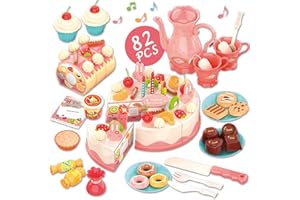 Elovien Birthday Cake Toy, 82 Pcs Tea Set for Girls, Pretend Toys Role Play Cutting Food Sets for Children, Educational Learning Kitchen Playset for Kids 3+ Years Old