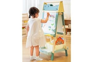 ROBUD Wooden Easel for Kids, Double-Sided Whiteboard & Chalkboard with Paper Roll, Height Adjustable Drawing Board with Magnets, Paint Pots, Storage Tray, Crocodile Design for Boys & Girls Ages 3+