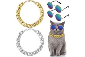 Jicyor Hund Kette, Haustier Halskette Gold Silber Halskette Hunde Metall Verstellbares Hunde Kettenhalsband mit 2 Paar Haustier Sonnenbrillen für Small Cat Puppy Teddy Französische Bulldogge