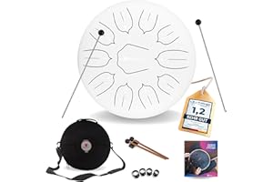 Sonodrum tamburo a lingua d'acciaio 'Standard' in Re Maggiore, bianco - 30 cm con 11 note - steel tongue drum con canzoniere, mazzuoli, fingersticks e borsa da trasporto. Senza leggere le note.