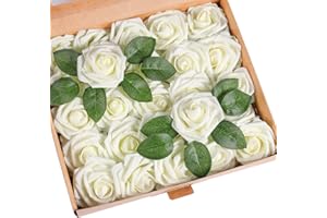 Garlag Artificial Flowers Roses, 25Pcs Real Touch Foam Roses with Stems for Wedding Bridal Bouquet, Mother's Day, Home Decoration, Valentine's Day, Anniversary (Cream)