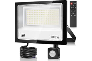 VRFMALIY Foco LED Exterior 100W Con Control Remoto y Sensor de Movimiento - 10000LM, 7000K, IP67 Impermeable - Para Jardín, Patio, Garaje