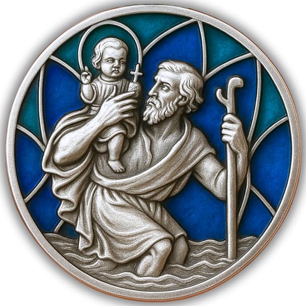 LUNEXUS Aimant Voiture Saint Christophe 3,5 Cm - Plaque Béni Patron Automobilistes - Bord Argenté Ange Gardien Porte-Bonheur