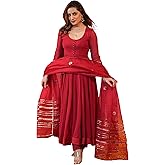 GoSriKi Women’s Rayon Viscose Anarkali Solid Kurta with Pant & Dupatta | Soft Comfortable Fabric | Elegant Flared Ethnic Wear