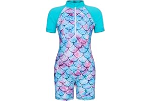 AmzBarley Swimming Costume Girls Swimsuit Kids One-Piece Rash Guard Little Child Mermaid Swimwear Short Sleeve Swimsuits