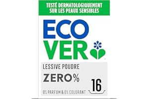 Ecover Zero Lessive en Poudre, Fraîcheur Longue Durée, Sans Parfum ni Colorant, 16 Lavages, Boîte de 1,2 kg