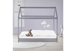 ‎ML DESIGN MODERN LIVING ML-Design Kinderbett 70x140 cm mit Dach und Lattenrost, Hellgrau, Hausbett für Mädchen und Jungen, Kinderhaus aus massivem Kiefernholz, Stabiles Jugendbett, Massivholz Kinder Bett Bettenhaus Spielbett