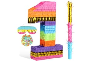 HARRYCLE Pignatta a Forma di Numero Pentolaccia Arcobaleno Pignatta con Cordino Pignatta per Festa di Compleanno con Bastone Benda e Coriandoli per Ragazzi Bambini Decorazioni per Groovy Party (Numero 1)