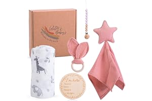 LOLIT@'S LOLIT@’S Regalo Bebe Recien Nacido – Caja Regalo Original con Muselina Algodon Bambu + Mordedor + Doudou + Chupetero + Letrero Anuncio Bebe. Canastilla Bebe Recien Nacido – regalo bebe