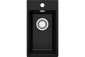 PRIMAGRAN Fregadero Cocina Negro 28x50cm, Granito 1 Seno + Sifón, Sobre encimera al mueble 30cm - Riga S052