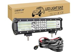 RIGIDON 12 inch 330W Car Led Light Bar with 12V Wiring Harness Cable Kit, 9D Tri Row for Car Off road Truck SUV UTE ATV 4x4 Tractors Excavator, Flood Beam, Waterproof Driving Work Lamp, 6000K White