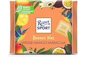 ‎RITTER SPORT Ritter Sport Buenos Días Weisse Mango Maracuja 100 g, weiße Schokolade gefüllt mit fruchtiger Mango und Maracuja für den Kurztrip des Geschmackssinns