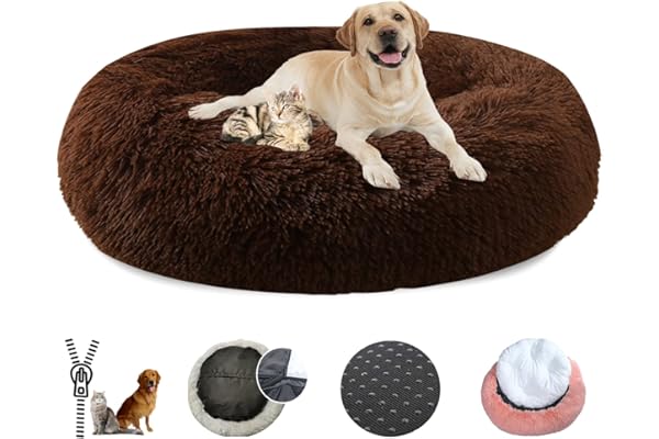 LRHRHR Panier pour Chien Dehoussable, Coussin Chien Anti Stress Lit Moelleux Apaisant Chat Lavable, Coussin Donut pour Chats et Chiens- Coffee||Ø80cm/31in