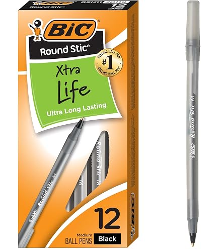 Lot De 8 Stylos BIC Round Stic Pointe Moyenne - Encre Noire, écriture Fluide Et Fiable