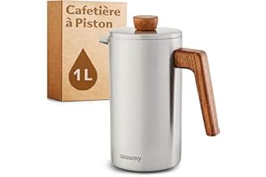 Cosumy Cafetière à Piston Inox 1l pour 5 Tasses - Double Paroi Isolante - Garde le café chaud - Acier Inoxydable et Bois de chêne FSC