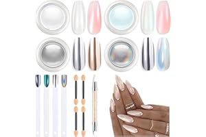 Modelones Chrome Nail Powder Set -4 Metallic Mirror and Pearl Effect Pigment Silver Chrome Powders for Gel Nails, with 1Pcs Silicone Nail Brush, 4Pcs Cotton Swabs and 4Pcs Color Display Sticks