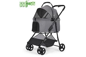 AESRAOU 2 IN1 Dog Strollers with Detachable Basket, Foldable Puppy Pet Carts with 4 Fast Wheels, Lightweight Travel Stroller with Storage Bag for Medium Small Dogs Cats Outdoor (Dark Gery)