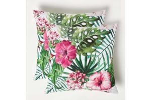 HOMESCAPES Set of 2 Outdoor Cushions Waterproof, Tropical Green & Pink Filled Garden Cushion, Hypoallergenic Polyester, Decorative Pillows for Indoor & Outdoor Patio, Benches & Sofa -45x45cm