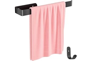 Gvolatee 1 Pieza 30CM Toallero de Baño montado en Pared con Tornillos Fijos y 1 Pieza Ganchos Combinación Aleación de Aluminio Mate, Accesorios para el Ahorro de Espacio, Negro
