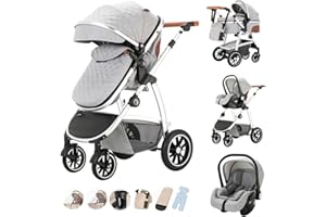 Kakbgee - Cochecito combinado 3 en 1, cochecitos con asiento de coche ECE R129, cochecito de paseo ajustable en altura, capazo flexible convertible marco de aluminio para recién nacidos 0-4 años