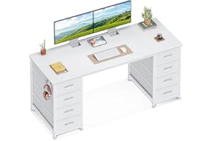 Coleshome Escritorio con 8 Cajones de Tela, 140x48cm Mesa Escritorio de Espacio con Soporte para Auriculares, Escritorio Ordenador Mesa Oficina para Estudio en Casa, Blanco