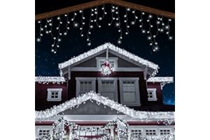 ANSIO® Christmas Lights 220 LED 7.5m/24ft Icicle Lights Outdoor & Indoor Cool White Decorations String Fairy Outside Lights with Timer for Xmas Garden Bedroom & Party|Mains Powered Green Cable
