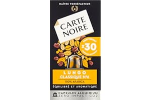 Carte Noire, Espresso Lungo, aluminiowe kapsułki kompatybilne z Nespresso, 1 opakowanie 30 kapsułek do kawy, 100% arabika, nuty prażone i orzechowe, intensywność 8/10, bogata tekstura, kapsułki do