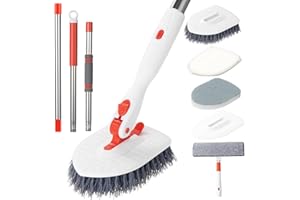 Roxanex Szczotka do płytek łazienkowych 4 w 1 z uchwytem o długości 130 cm, do czyszczenia okien 2 w 1, 3 szczotki do szorowania, ulepszona szczotka do czyszczenia prysznica do wanny, podłogi, ściany,