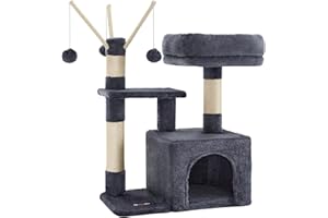 FEANDREA Cat Tree, Small Cat Condo, 72 cm, 3 Pompoms, Smoky Grey PCT121G01