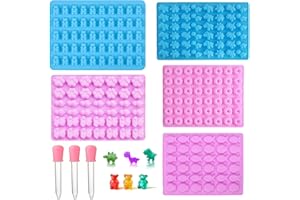 FAURAPMNG Lot de 5 mini moules à bonbons en silicone en forme d'ours, dinosaure, beignet, patte de chat, poisson, chocolat, bonbons antiadhésifs avec 3 compte-gouttes pour enfants