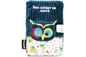 LES DÉGLINGOS LES DEGLINGOS - Protège carnet de santé Astros le Hibou - Bleu - Fermeture en velcro - Ludique - Cadeau enfant et bébé - Tissu doux -Peluche - 25 x 18 cm