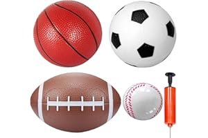 ANZMTOSN Balles de sport Set 6 "Soccer 6" Basket-ball 8.5 "Rugby 3" baseballs Extérieur Bureau Aire de jeux de plage pour la piscine Porte Basketballs Cerceaux Garçons Filles Bambins Adultes Pompe à air