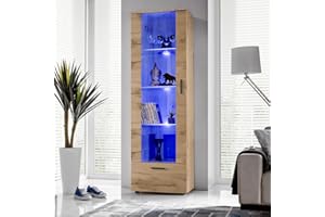 Komodee, Witryna Stojąca Alessandria, Wotan/Wotan, Szerokość 60 cm x Wysokość 192 cm x Głębokość 42 cm, Niebieskie LEDy, 3 Półki, Do Salonu, Sypialni, Przedpokoju