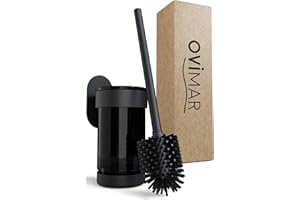 ‎OVIMAR ovimar Toilettenbürste Finnkona | schwarz | Wandhalterung ohne Bohren | Silikon Klobürste | Belüftungsfunktion | zum Kleben | aus pulverbeschichtetem Edelstahl | WC Bürstenkopf wechselbar