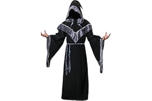 Nofonda Disfraz de Mago Monje Capa con Capucha Negra de Mágico Sacerdote Traje de Bruja Hechiceros Ropa Medieval de Adultos Hombre para Fiesta de Halloween Carnaval (M)