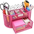 EasyPAG Mesh Desk Organizer Pencil Holder 9 Compartments with Drawer,Pink