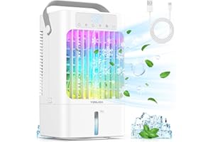 Air Cooler, YONLICH 4 in 1 Portable Air Conditioner, 900ML Mini Air Conditioning Unit, 3 Wind Speeds Cool Mist, 1-8H Timer, 90°Oscillation and 7 LED Light, Small Air Conditioner for Home Office